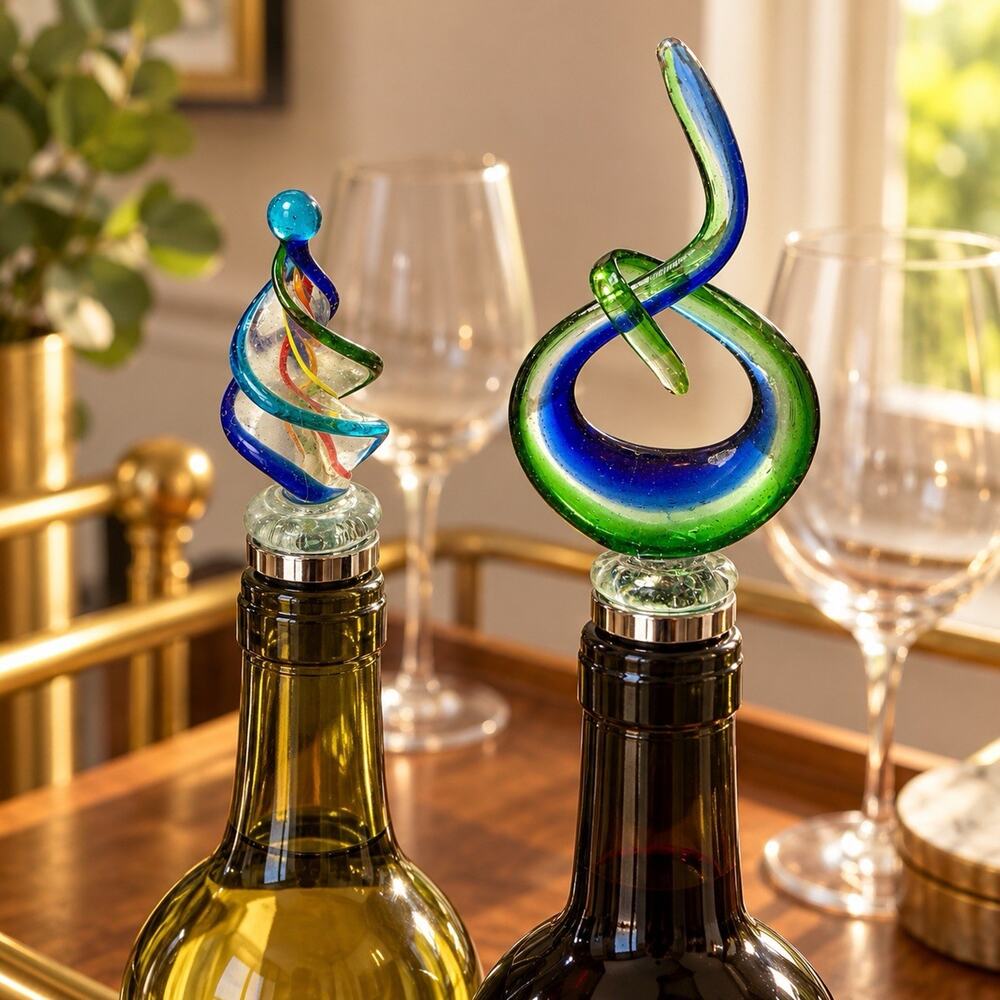 LSArts Contempo Art Glass Wine Bottle Stoppers Set of 2 Blue Green Swirl Boxed